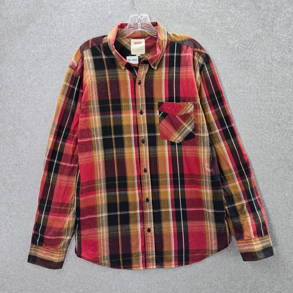 Levi's Men Button Up Shirt Large Red Tartan Plaid Long Sleeve Collar